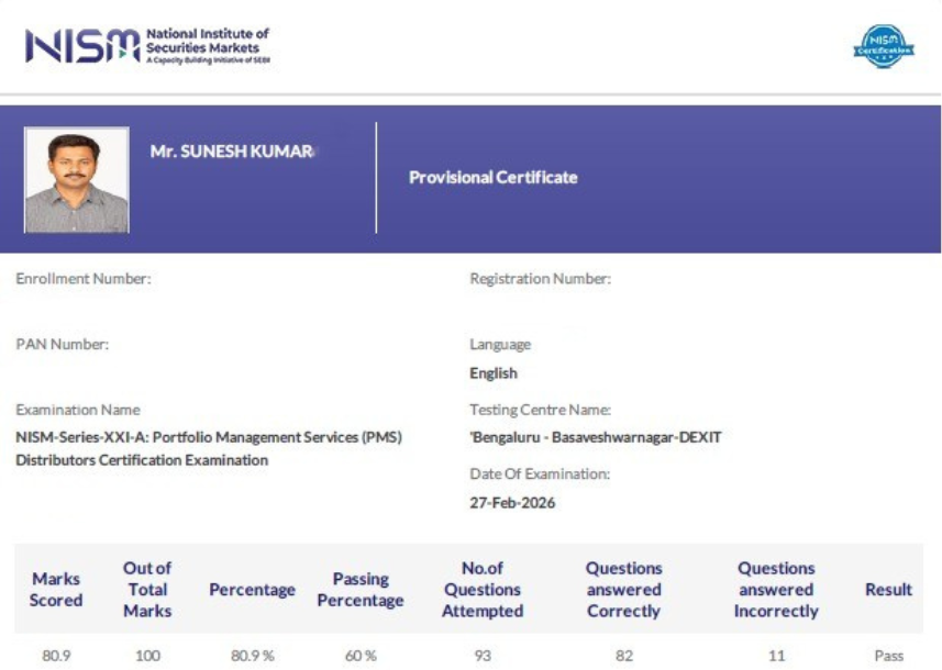 Sunesh Kumar NISM Exams Testimonial